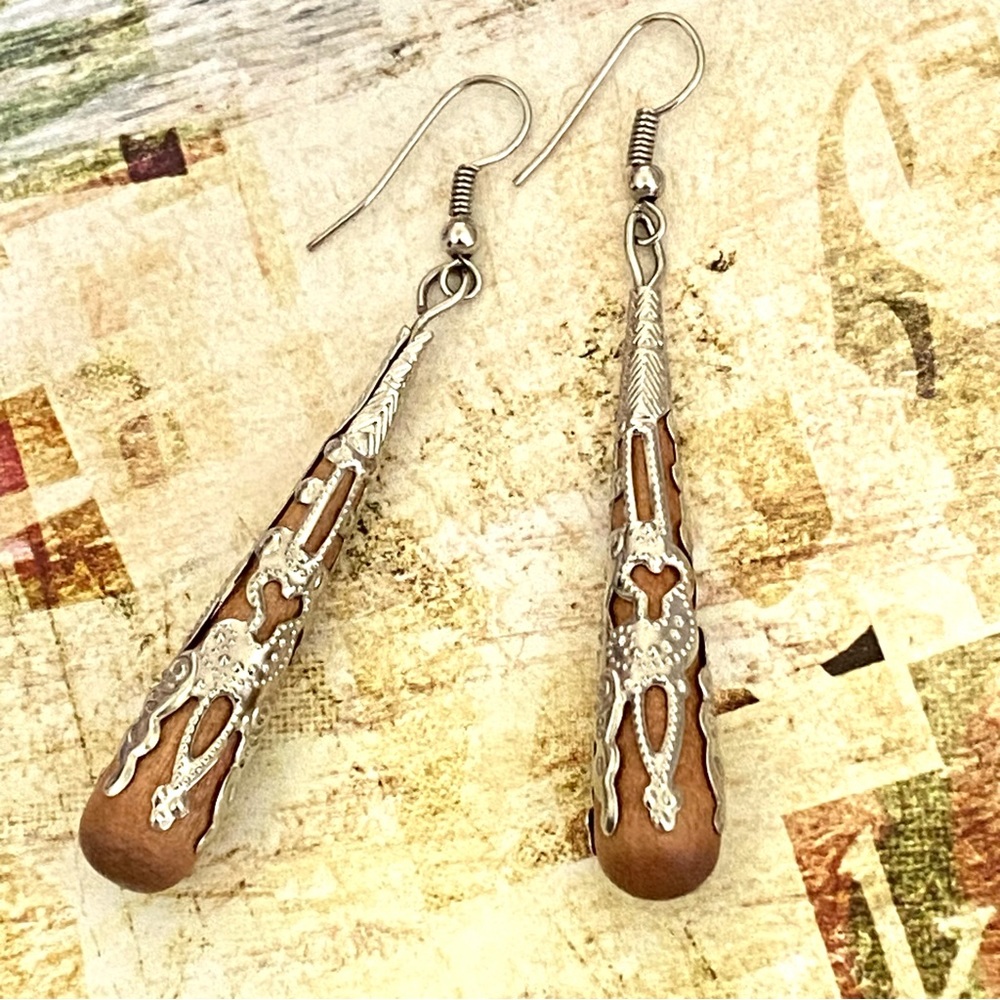 Carved Metal Wrapped Wood Earrings